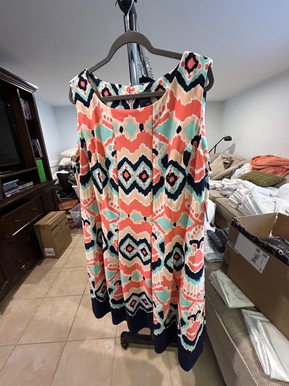 Gabby Skye Coral, Teal & Navy Sleeveless Printed Dress